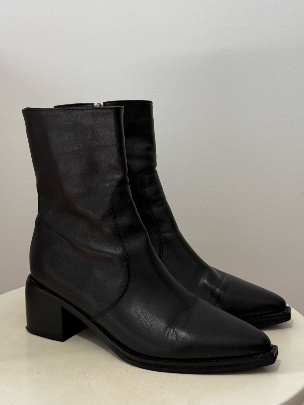 Black genuine leather ankle boots with pointed toe and block heel size 7